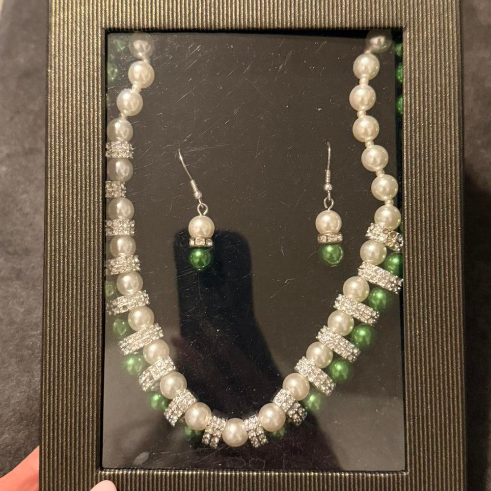 Green and white pearl necklace and earring set with rhinestones
